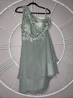 JJs House Sage Green One-Shoulder Lace A-Line Dress